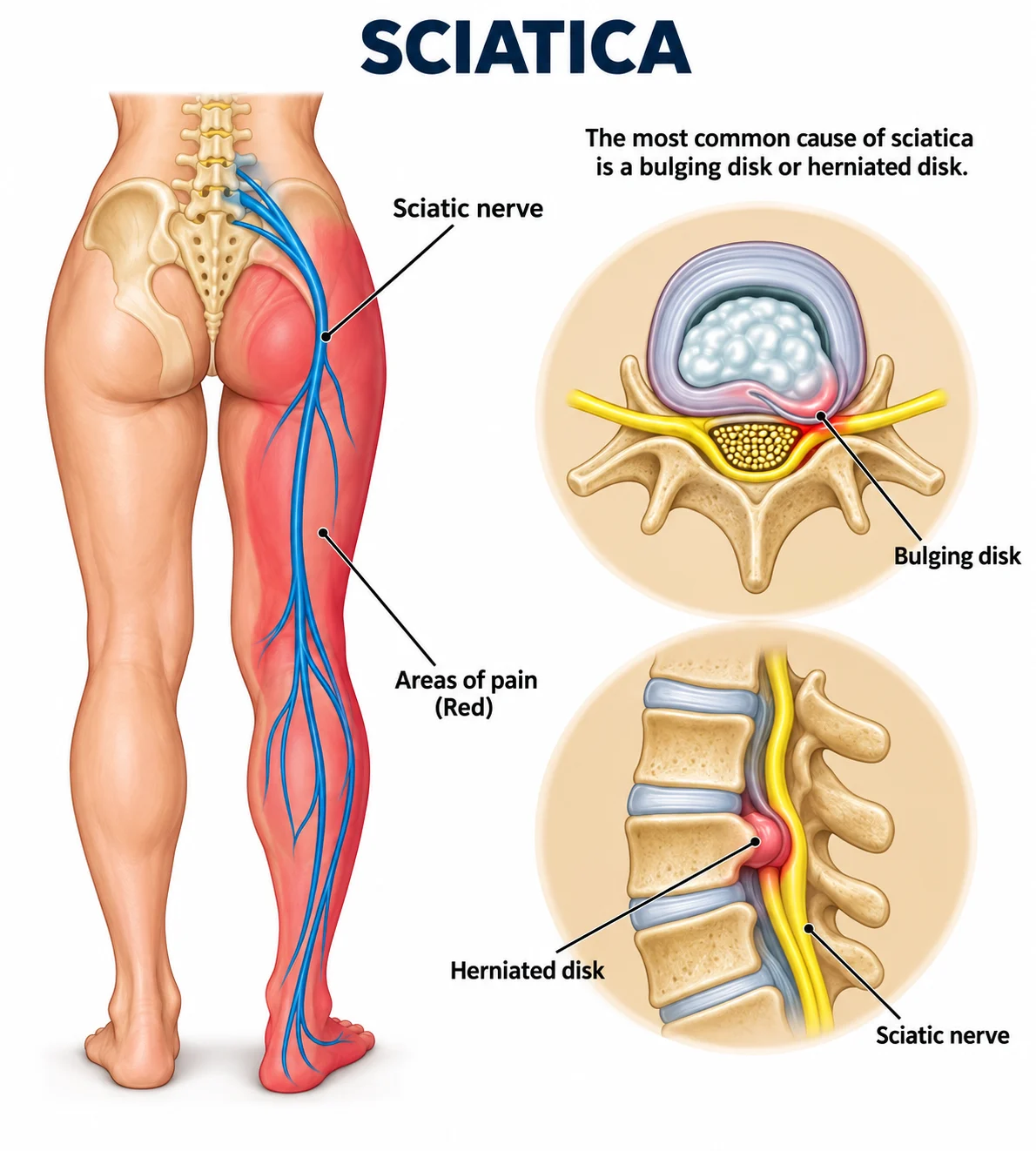 Sciatic nerve running from the lower back down the leg, with a bulging disc pressing on the nerve