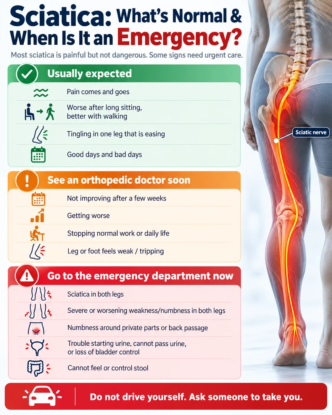 Sciatica signs: what is usually expected, when to see an orthopedic doctor soon, and when to go to the emergency department